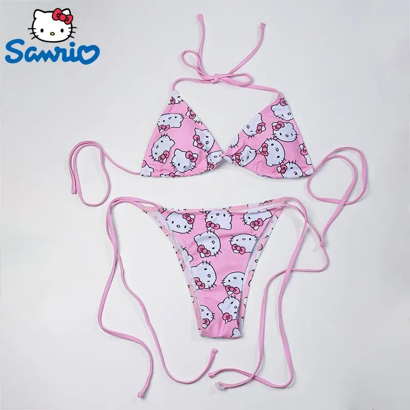 Sanrio Hello Kitty Women's Pink Bikinis Set Y2k 2023 Cute Cartoon Printed Sleeveless Sexy Bikini Beach Vacation Swimming Set