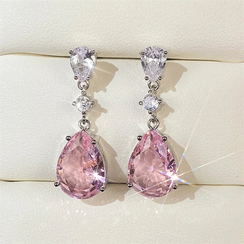 Huitan Temperament Sweet Pink Pear Cubic Zirconia Drop Earrings Women Engagement Party Exquisite Ear Accessories Fashion Jewelry