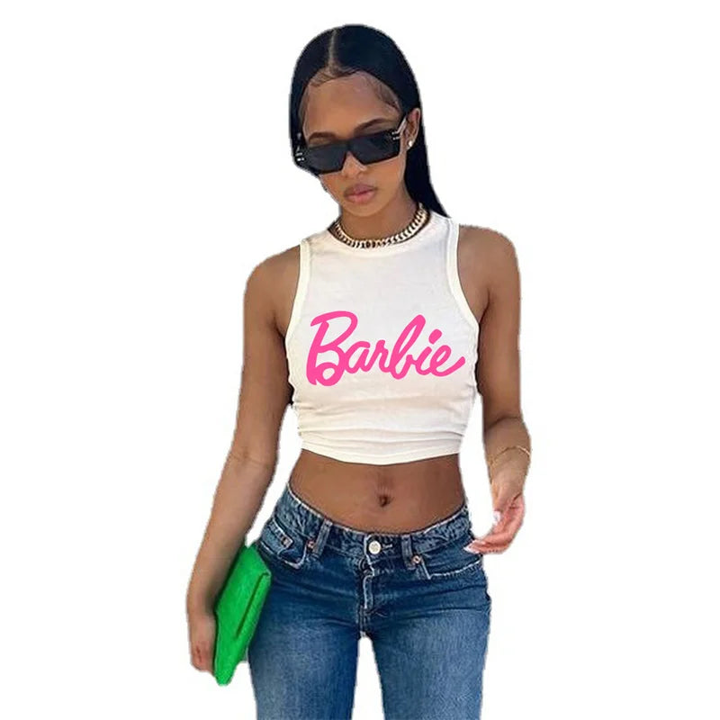 Barbie T-Shirt Crop Top Sexy Girls Summer Sleeveless Camisole Vest Y2K Ladies Slim Fashion Casual Tank Tops Gift Women Clothing