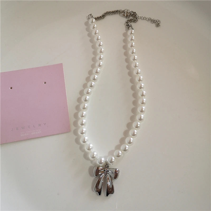 Gothic Cute Y2K Stainless Steel Bow Heart Pink Cross Pendant Beaded Pearl Snake Chain Necklace For Egirl 2000s EMO Acssesories