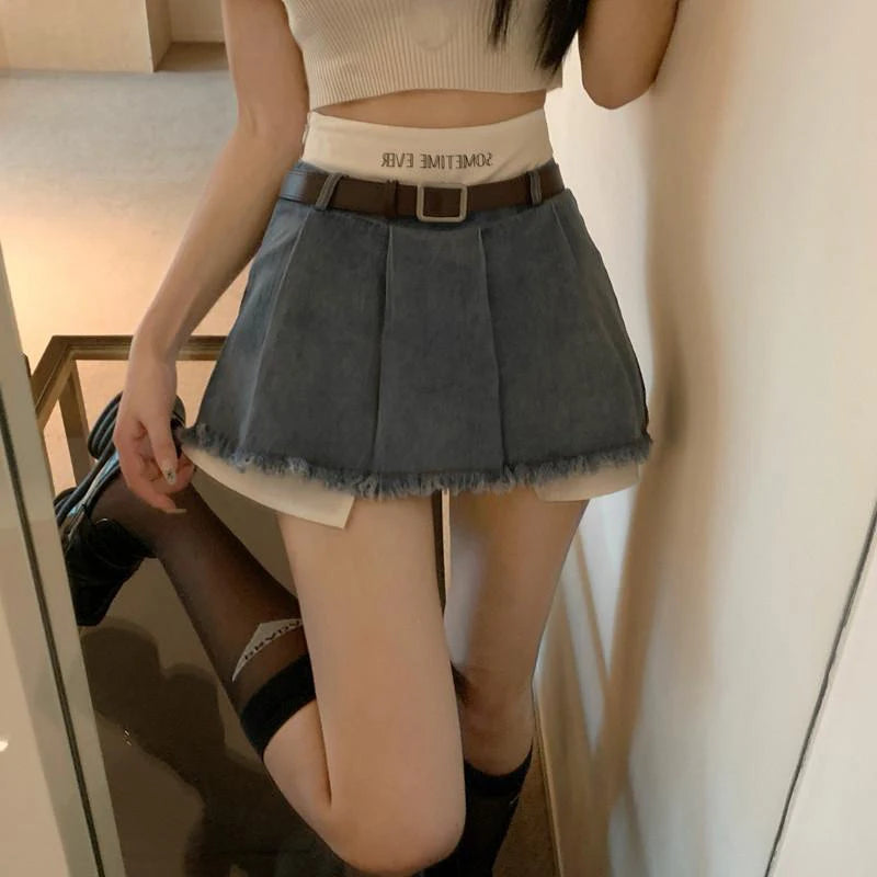 Gidyq High Waist Women Denim Skirts Summer Korean Patchwork Casual Mini Skirts Streetwear Female Tassels A Line Jeans Skirts