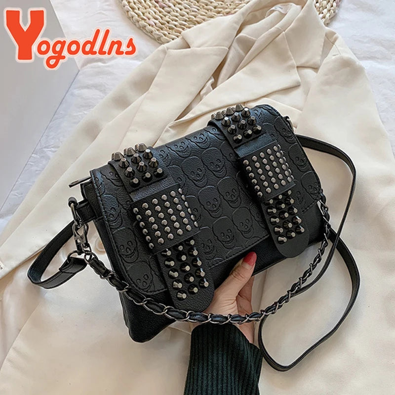 Yogodlns Women Black Leather Messenger Bags Fashion Vintage Messenger Cool Skull Rivets Shoulder Bags sac a main bolsa