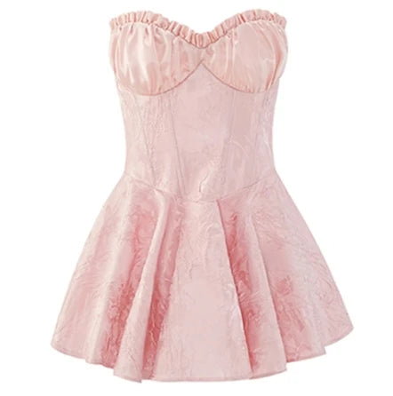 Dancer Performance Clothes Sweet Mini Dress Corset Boning Lace Jacquard Slim Fit Pink Sexy Strapless Summer Dress