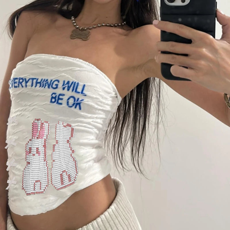 CIBBAR Cute Graphic Strapless Tube Top Women Casual Basic Letter Print Skinny Crop Tops Ladies y2k Aesthetic Summer Tees Vintage