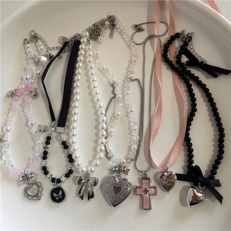 Gothic Cute Y2K Stainless Steel Bow Heart Pink Cross Pendant Beaded Pearl Snake Chain Necklace For Egirl 2000s EMO Acssesories