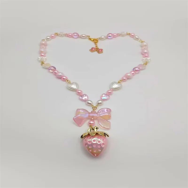 Coquette cottagecore strawberry bow necklace pearl fairycore heart pink white