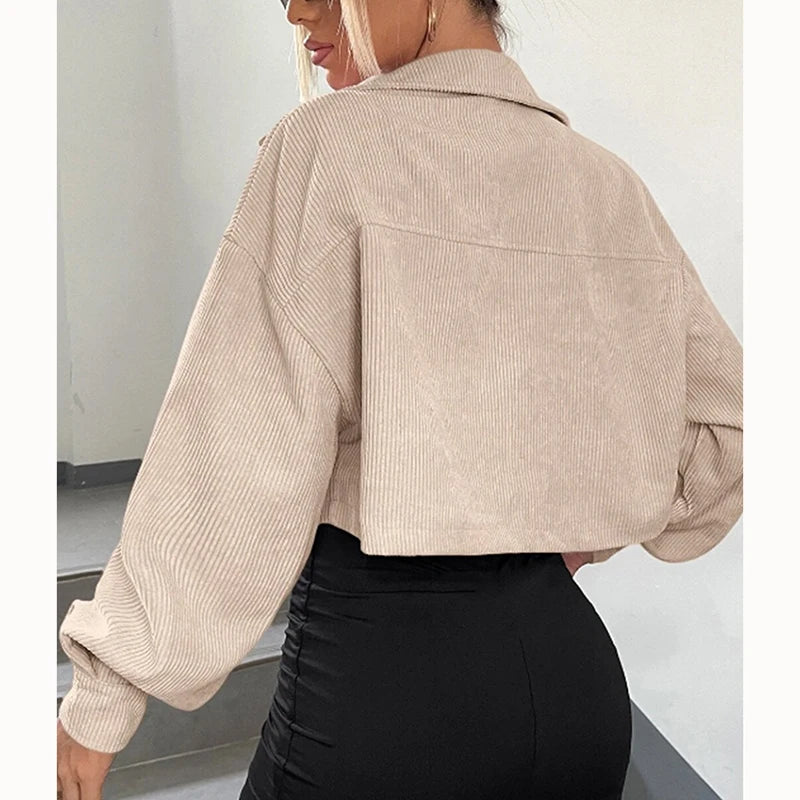 Spring Drop Shoulder Flap Detail Crop Corduroy Jacket Long Sleeve Chic Short Coats