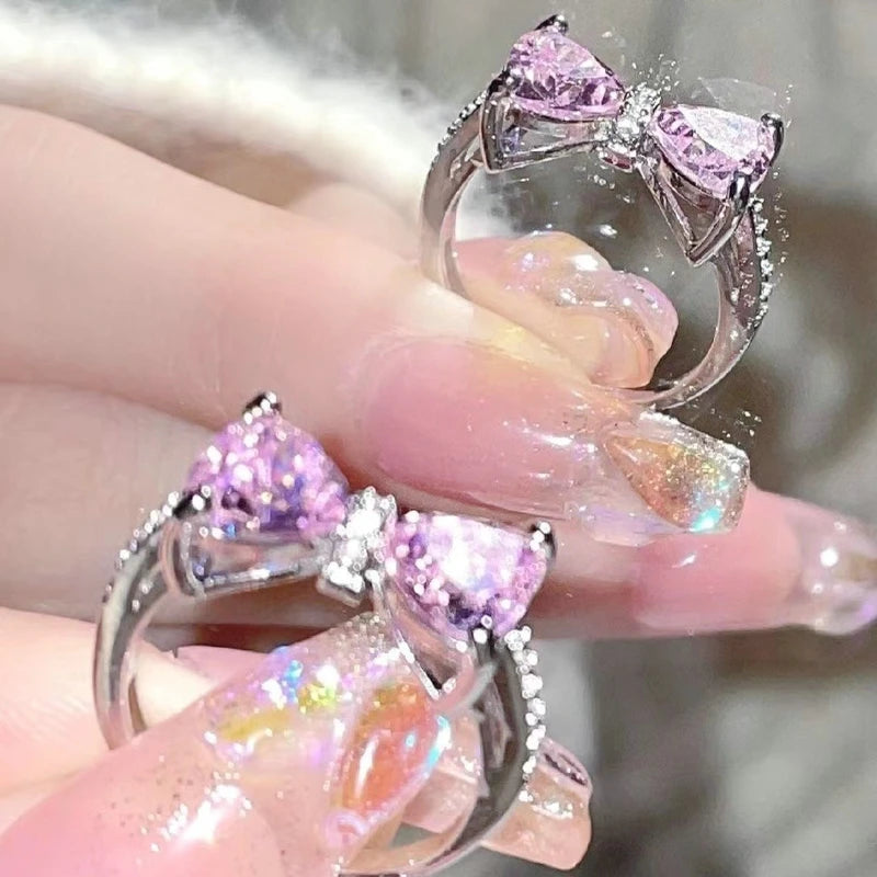 Korean Fashion Sweet Pink Heart Rhinestone Rings Light Luxury Opening Zircon Finger Ring Y2K Girls Women Jewelry Gifts