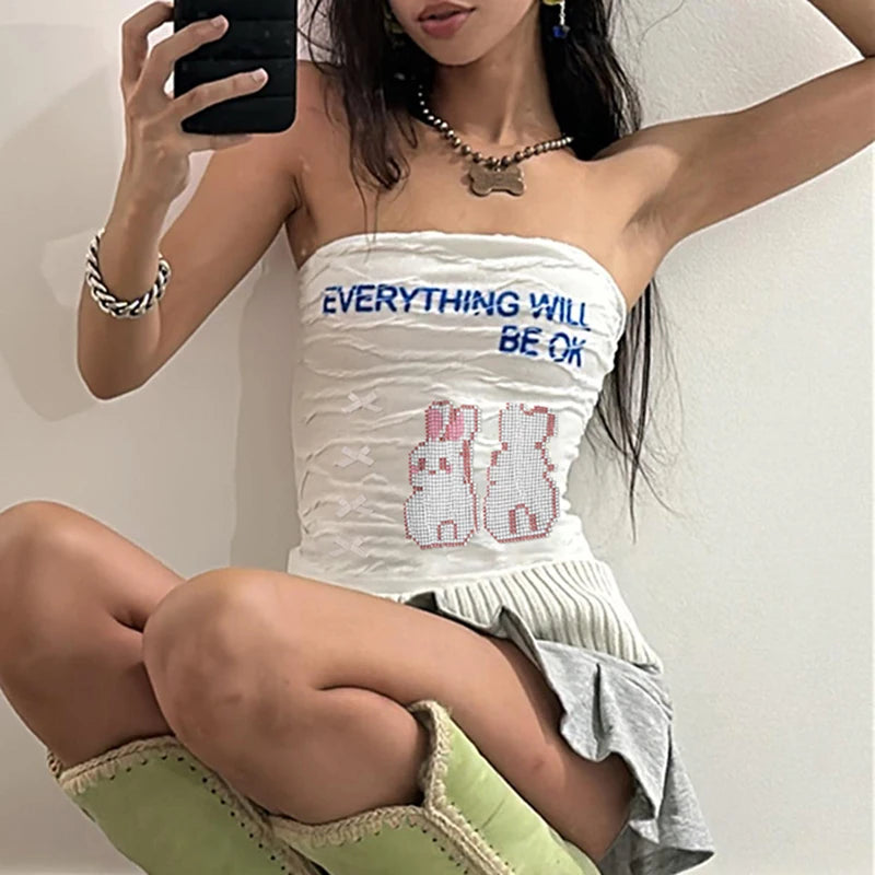 CIBBAR Cute Graphic Strapless Tube Top Women Casual Basic Letter Print Skinny Crop Tops Ladies y2k Aesthetic Summer Tees Vintage