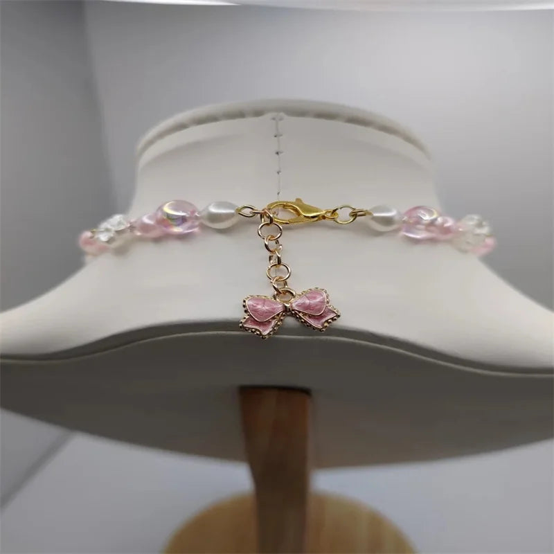 Coquette cottagecore strawberry bow necklace pearl fairycore heart pink white