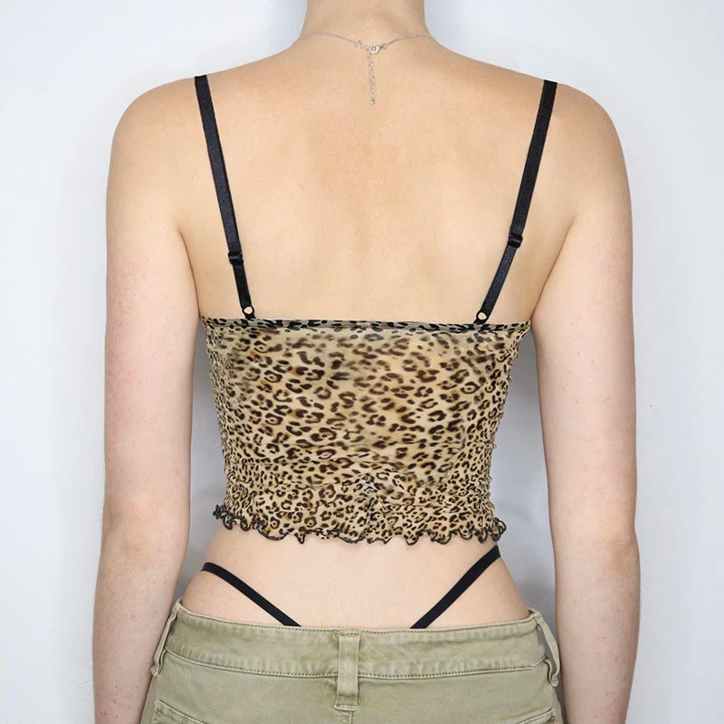 CIBBAR Retro Leopard Print Camis Vintage 2000s Bow Stitched Sleeveless Lace Strap Crop Top Women Summer See Through Mesh Tee y2k