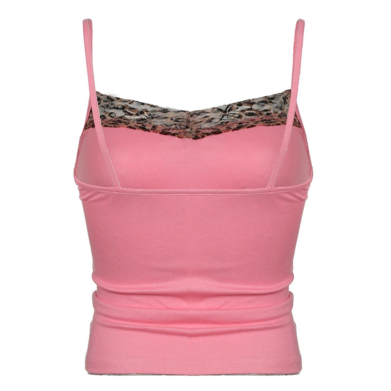 HEYounGIRL Y2K Leopard Print Collar Pink Camisole Women Sleeveless Knitted Cute Sexy Crop Top Summer Ladies Casual Vest Outfits