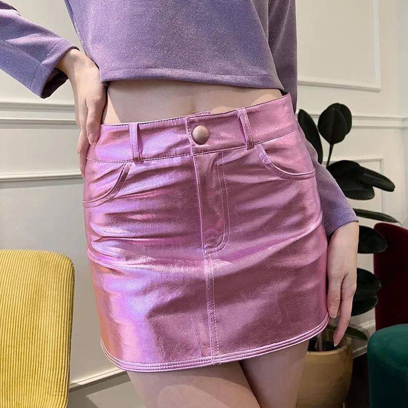 Y2k Pink Metallic Fashion Hot Girls Short Skirt Pockets Slim Fit Bright High Waist Korean Fashion Halfskirt Women Clothing