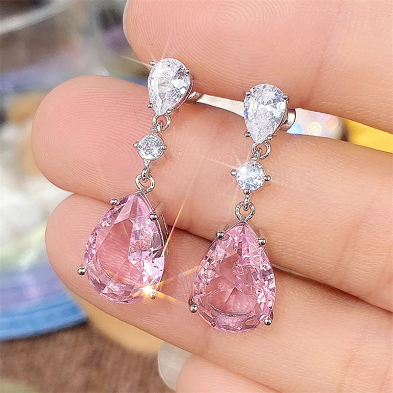 Huitan Temperament Sweet Pink Pear Cubic Zirconia Drop Earrings Women Engagement Party Exquisite Ear Accessories Fashion Jewelry