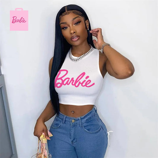 Barbie T-Shirt Crop Top Sexy Girls Summer Sleeveless Camisole Vest Y2K Ladies Slim Fashion Casual Tank Tops Gift Women Clothing