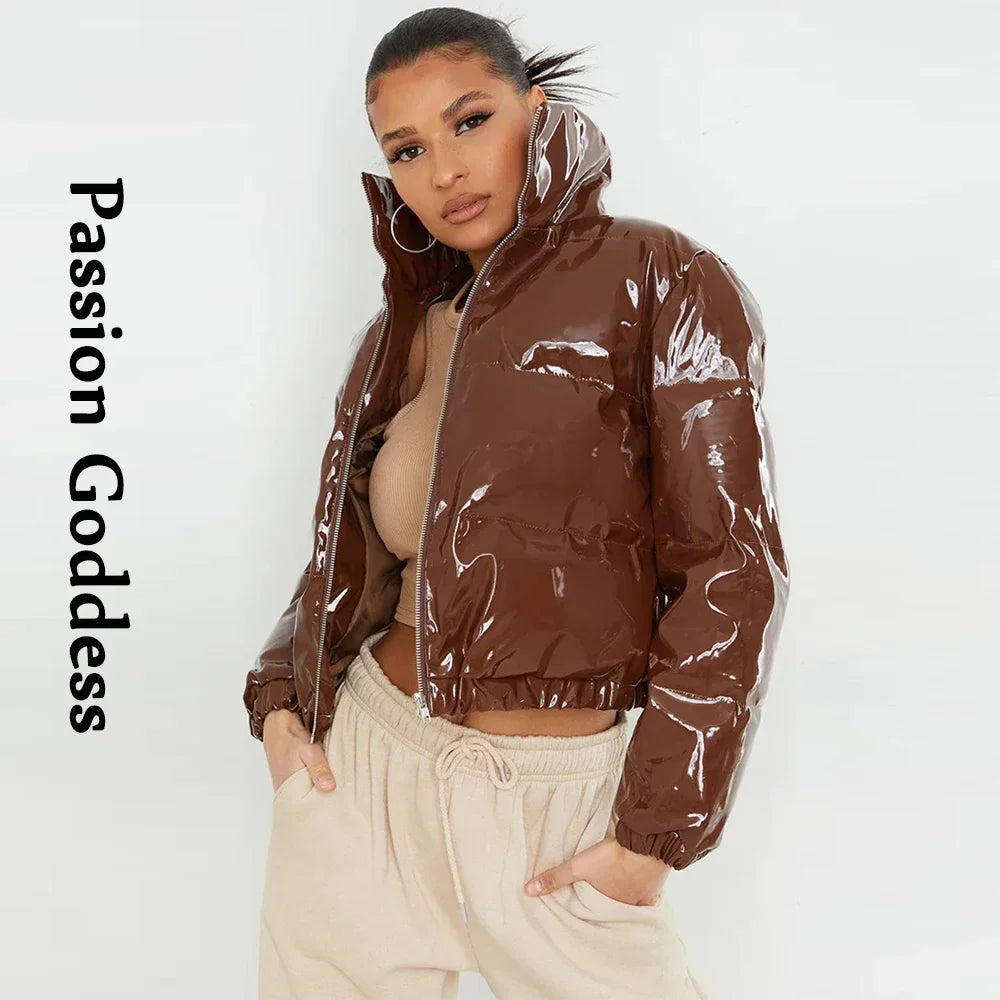 Fashion Cute Women Bright PU Pink Puffer Jacket Winter Warm Bubble Coats Shiny Leather Parkas Down Zipper Cropped Jackets Parkas