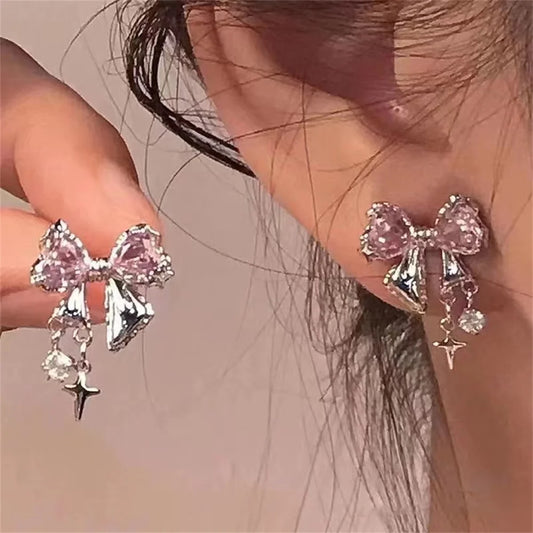 Y2k Bowknot Zircon Stud Earrings For Women Girl Fashion Korean Silver Color Pink Crystal Personality Earring Party Jewelry Gifts