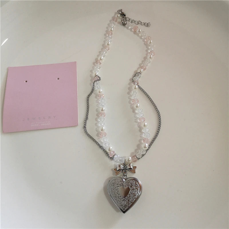 Gothic Cute Y2K Stainless Steel Bow Heart Pink Cross Pendant Beaded Pearl Snake Chain Necklace For Egirl 2000s EMO Acssesories