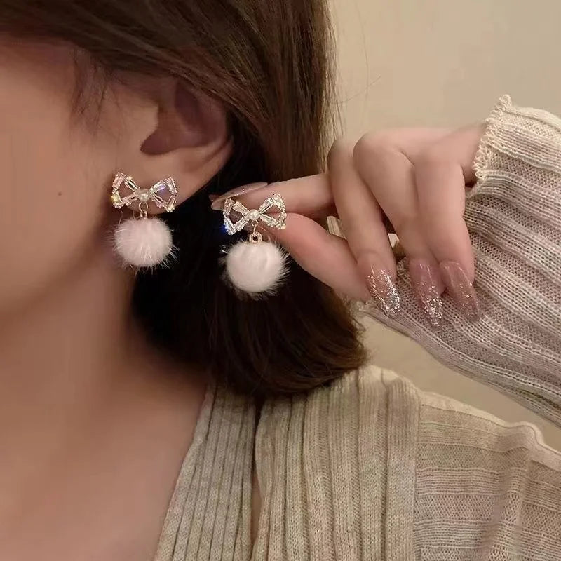 Korean Pink Drop Dangle Earrings for Women Girls Cute Fluffy Ball Bow Pom Earring Fall Winter Kawaii Christmas Kids Jewelry