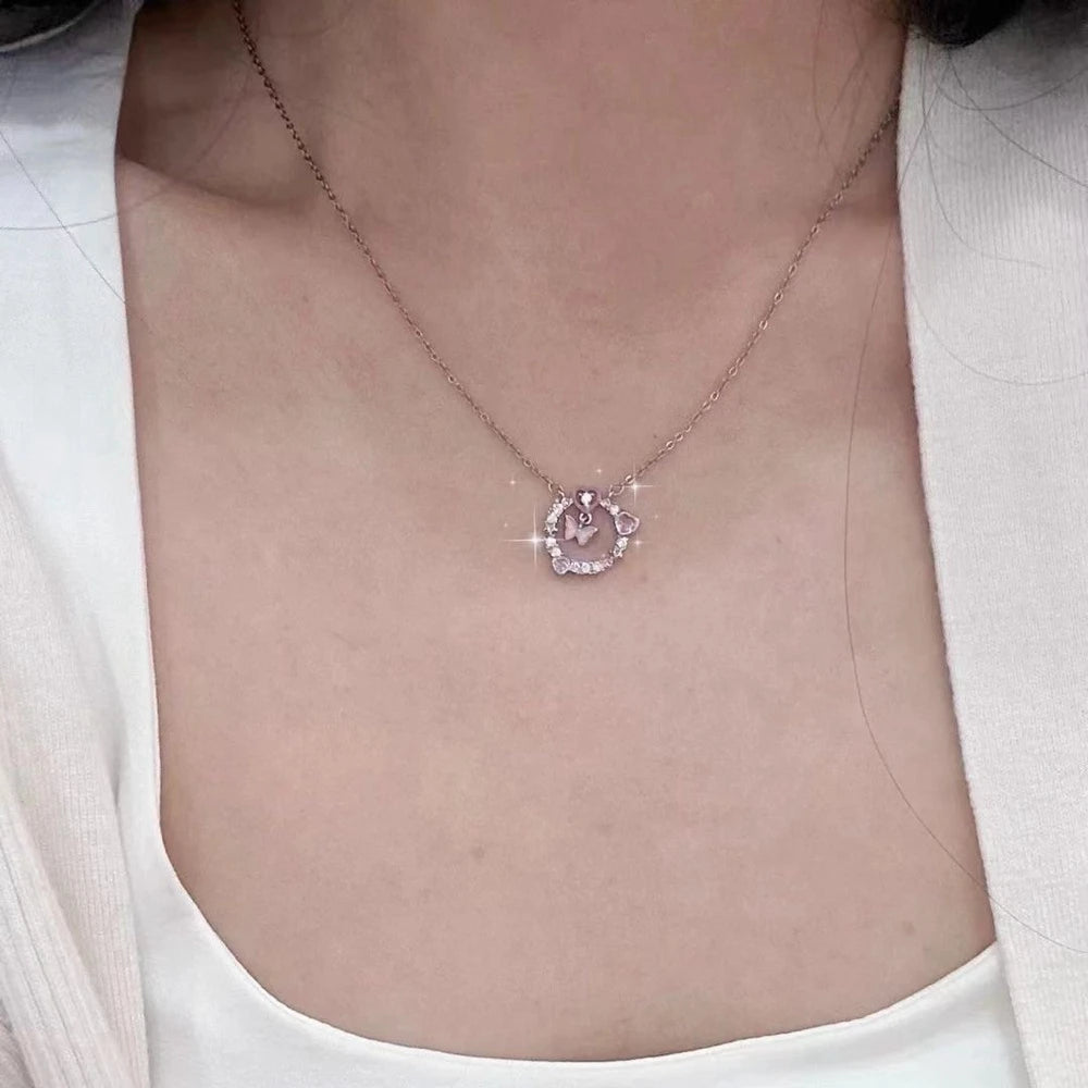 IPARAM Korea Pink Crystal Pendant Heart Necklace for Women Girls Chain Cute Love Simple Necklaces Fashion Jewelry Gifts