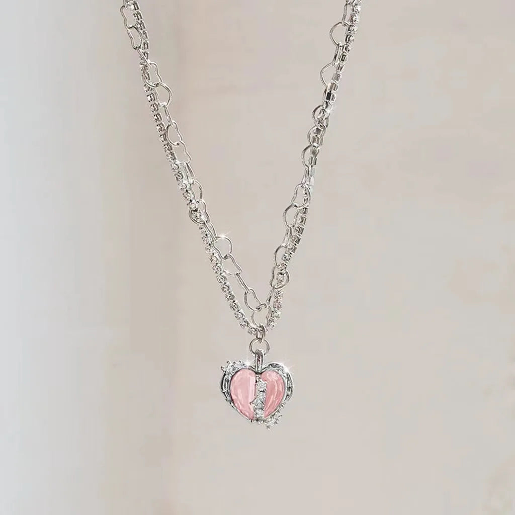 Pink Heart Pendant Necklace for Women Lovers Rhinestione Clavicle Chain Chocker Female Cute Crystal Moonstone Jewlery Gifts