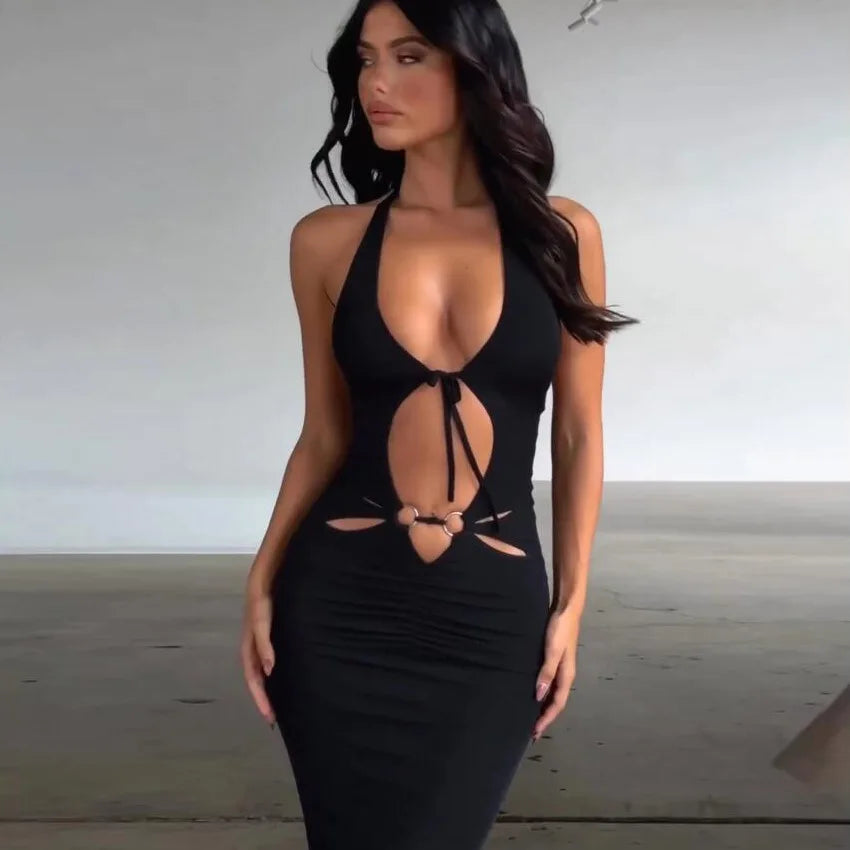 Women's Black Backless V-neck Lace-up Slim Fit Hollow Out Slit Dress Elegant 2024 Spring Summer Sexy Party Club Outfit Vestidos