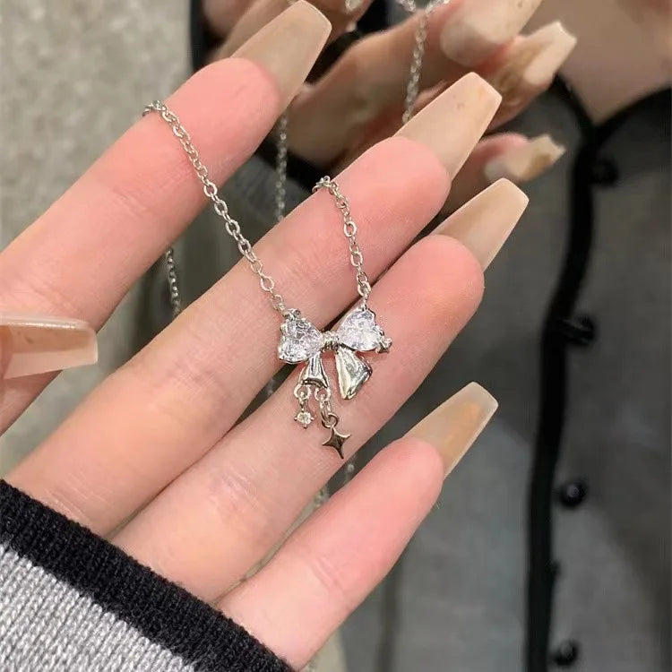 Korea New Design Bowknot Pink Zircon Cross Pendant Necklaces Fashion Temperament Clavicle Chain for Women Trendy Party Jewelry