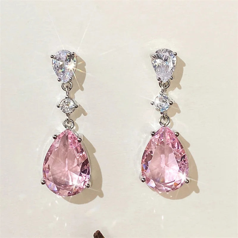 Huitan Temperament Sweet Pink Pear Cubic Zirconia Drop Earrings Women Engagement Party Exquisite Ear Accessories Fashion Jewelry