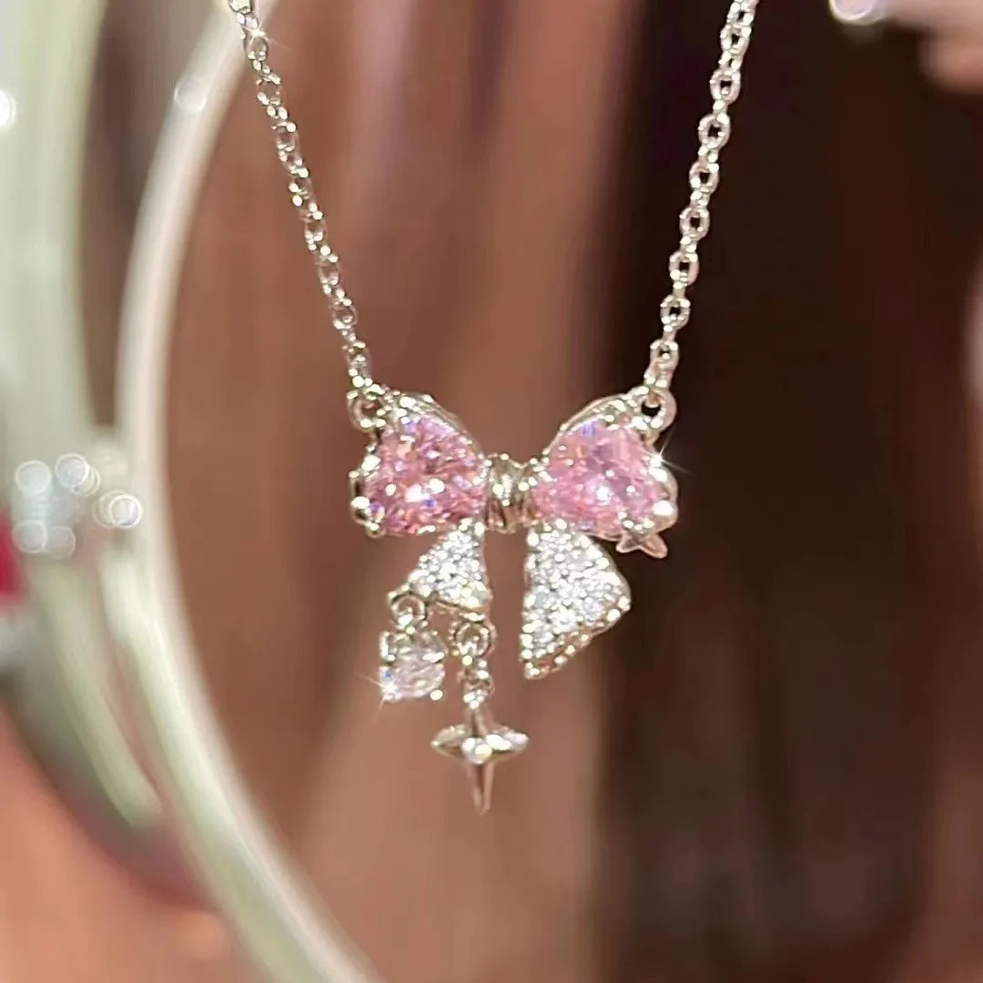 Korea New Design Bowknot Pink Zircon Cross Pendant Necklaces Fashion Temperament Clavicle Chain for Women Trendy Party Jewelry