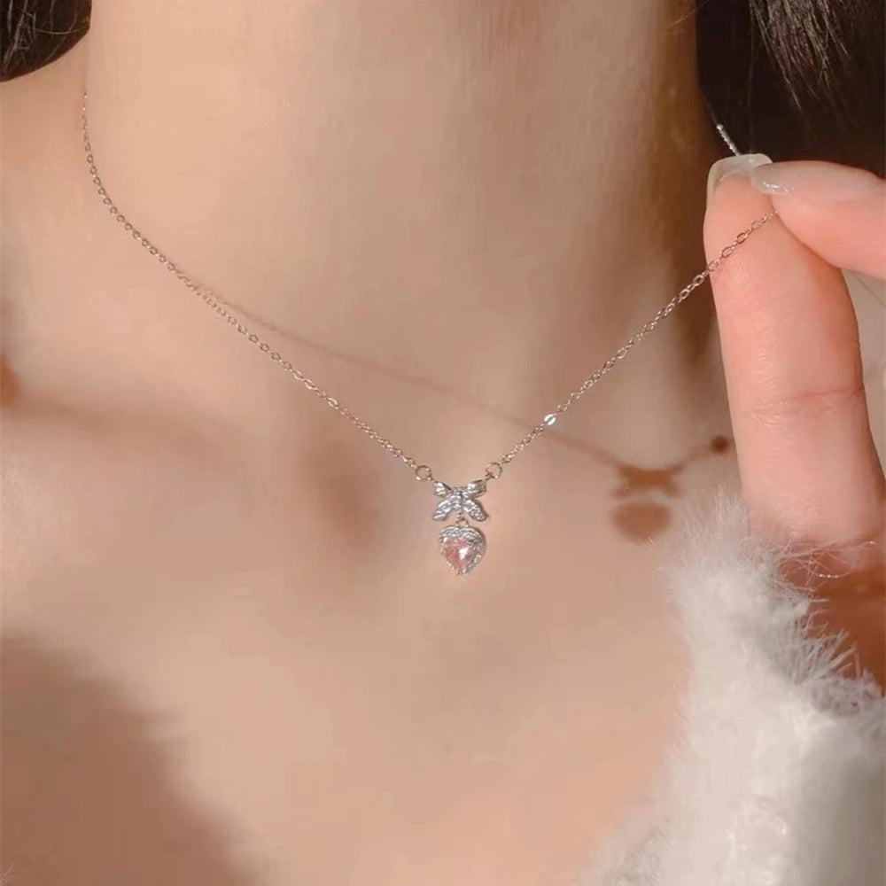 IPARAM Korea Pink Crystal Pendant Heart Necklace for Women Girls Chain Cute Love Simple Necklaces Fashion Jewelry Gifts