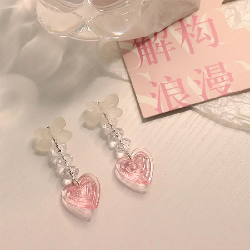 Vintage Pink Y2K Peach Heart Tassel Earrings for Women Harajuku Bowknot Korea Earrings Resin Fashion Jewelry 90s Crystal Long