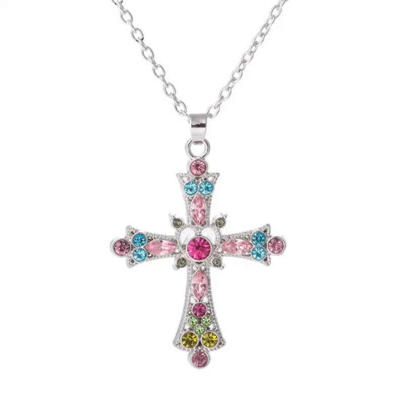 Gothic Pink Cross Necklace Y2K Purple Zircon Punk Pendant Necklace Grunge Heart Cross Necklace for Women Jewelry Accessories