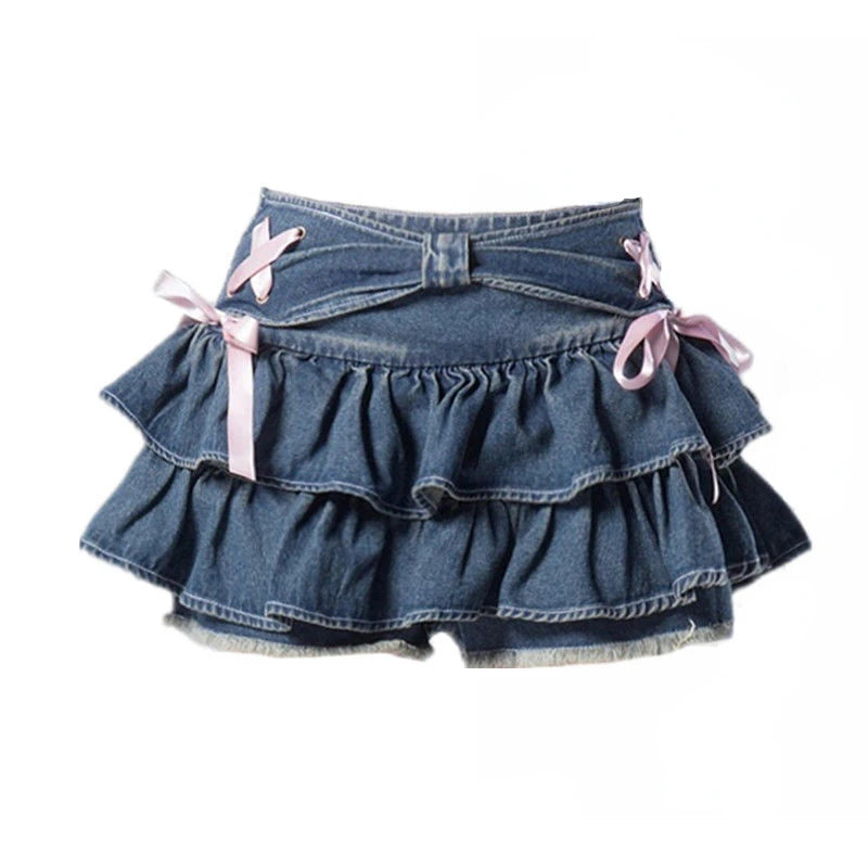 Mini Denim Skirts Women Hot Girls Sweet Kawaii Bow Vintage Y2k Clothes American Streetwear Sexy Summer A-line