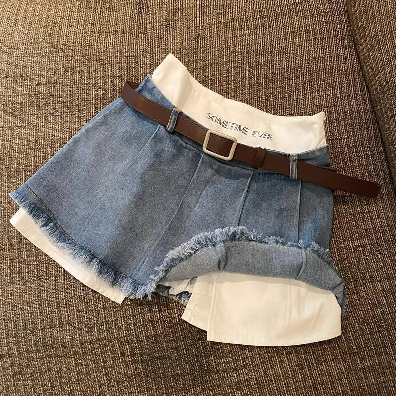 Gidyq High Waist Women Denim Skirts Summer Korean Patchwork Casual Mini Skirts Streetwear Female Tassels A Line Jeans Skirts