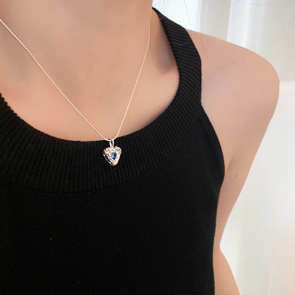 IPARAM Korea Pink Crystal Pendant Heart Necklace for Women Girls Chain Cute Love Simple Necklaces Fashion Jewelry Gifts