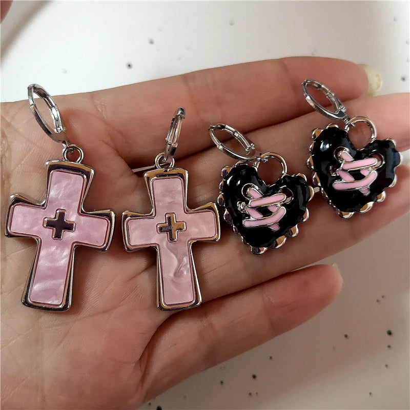 Goth Harajuku Vintage Aesthetic Pink Cross Crystal Star Heart Pendant Earring For Girl Y2K Grunge 2000s EMO Jewelry Accessories