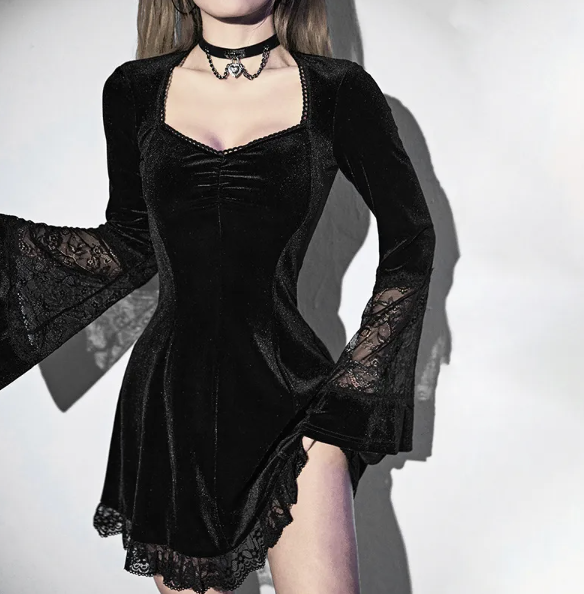 Autumn Gothic Aesthetic Sexy Woman High Waist Spaghetti Strap Dress Goth Dark Y2K Lace Flare Sleeve A Line Dress Alt Clothes  # 138
