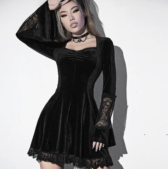 Autumn Gothic Aesthetic Sexy Woman High Waist Spaghetti Strap Dress Goth Dark Y2K Lace Flare Sleeve A Line Dress Alt Clothes  # 138