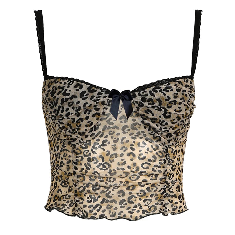 CIBBAR Retro Leopard Print Camis Vintage 2000s Bow Stitched Sleeveless Lace Strap Crop Top Women Summer See Through Mesh Tee y2k