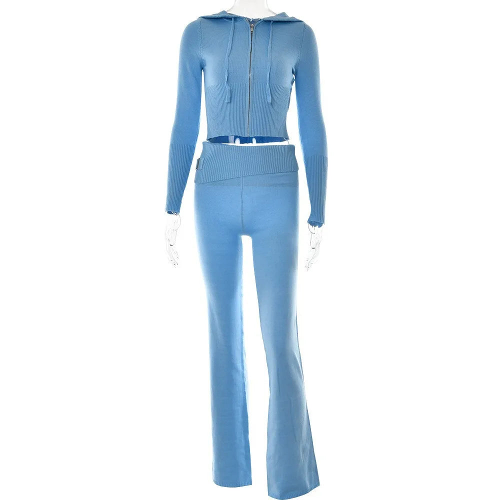 Knitted 2 Piece Sets Women Tracksuit Long Sleeve Zipper Hooded Sweater Crop Top Flare Pants Stretch Matching Suit Outfit