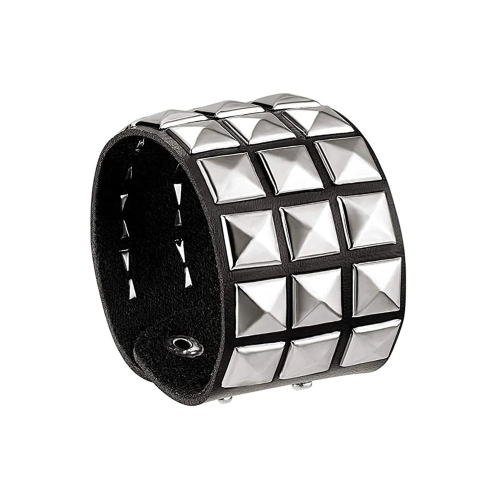 2024 Square Gothic Spike Bracelet Adjustable Punk Rock Bracelet Black Studded Faux Leather Bracelet for Men Women Gift