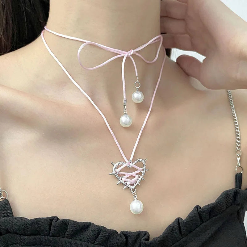 Fashion Pink Bow Heart Beaded Necklace Charm Star Pendant Necklace Birthday Party Jewelry Accessories