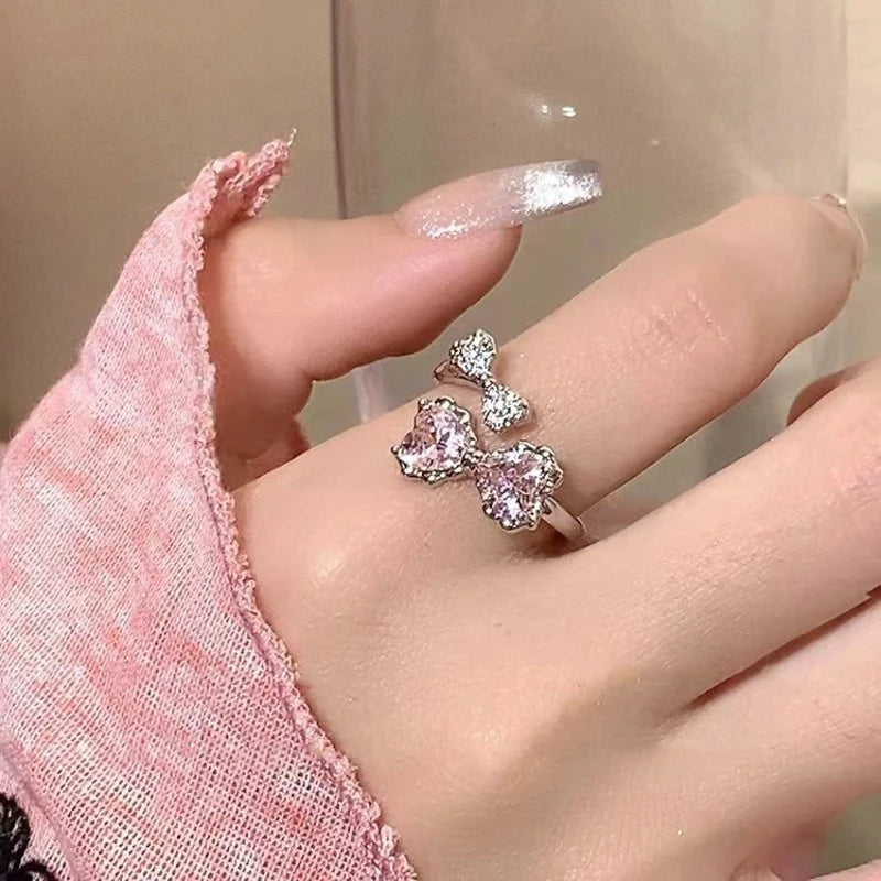 Korean Fashion Sweet Pink Heart Rhinestone Rings Light Luxury Opening Zircon Finger Ring Y2K Girls Women Jewelry Gifts