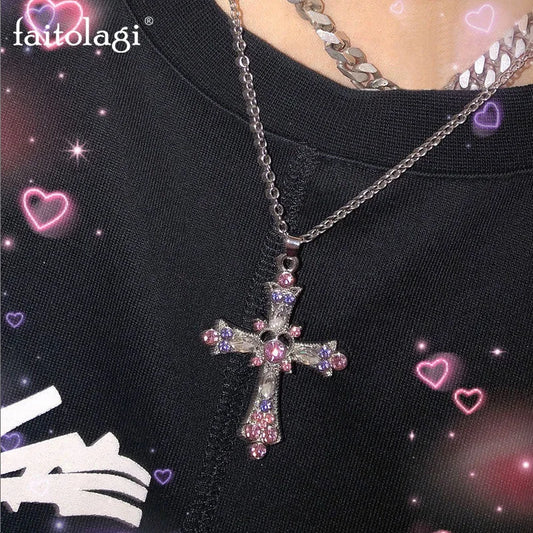 Gothic Pink Cross Necklace Y2K Purple Zircon Punk Pendant Necklace Grunge Heart Cross Necklace for Women Jewelry Accessories