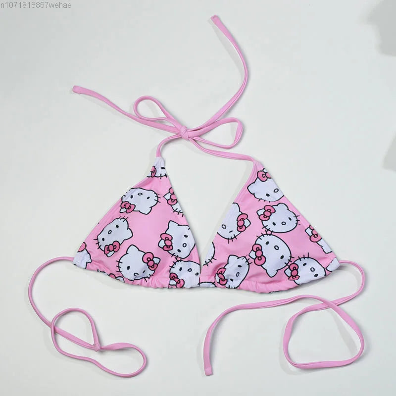 Sanrio Hello Kitty Women's Pink Bikinis Set Y2k 2023 Cute Cartoon Printed Sleeveless Sexy Bikini Beach Vacation Swimming Set