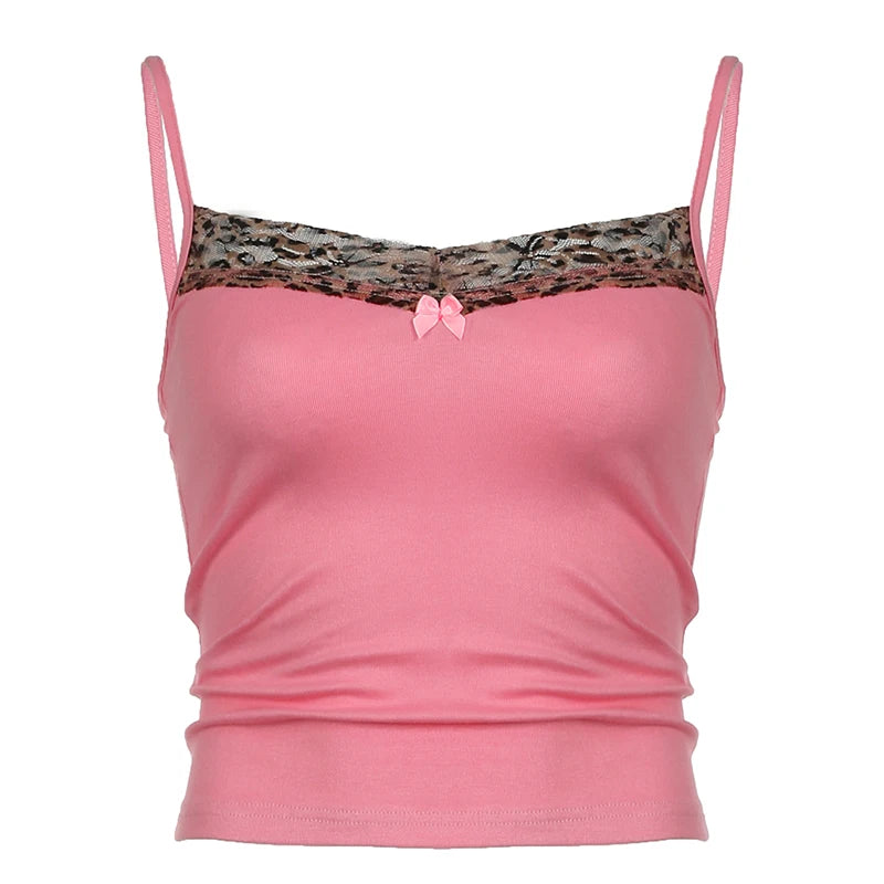 HEYounGIRL Y2K Leopard Print Collar Pink Camisole Women Sleeveless Knitted Cute Sexy Crop Top Summer Ladies Casual Vest Outfits