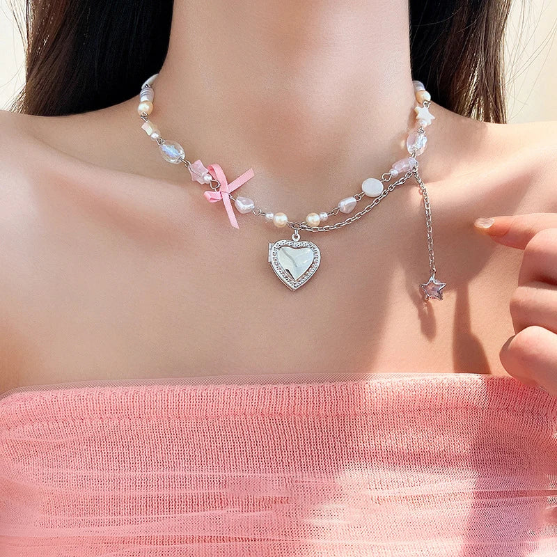 Fashion Pink Bow Heart Beaded Necklace Charm Star Pendant Necklace Birthday Party Jewelry Accessories