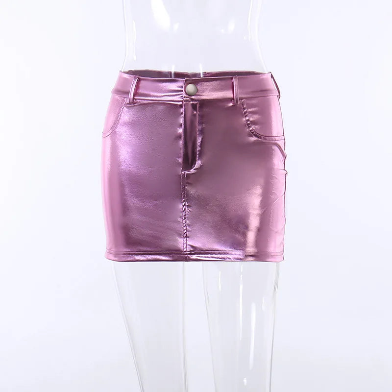 Y2k Pink Metallic Fashion Hot Girls Short Skirt Pockets Slim Fit Bright High Waist Korean Fashion Halfskirt Women Clothing