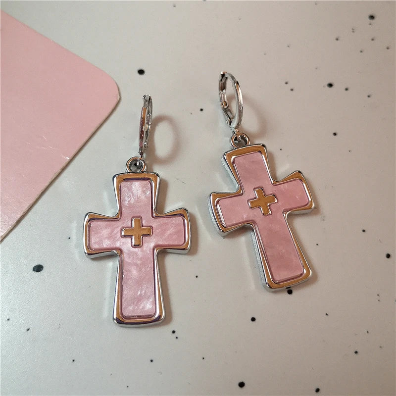 Goth Harajuku Vintage Aesthetic Pink Cross Crystal Star Heart Pendant Earring For Girl Y2K Grunge 2000s EMO Jewelry Accessories