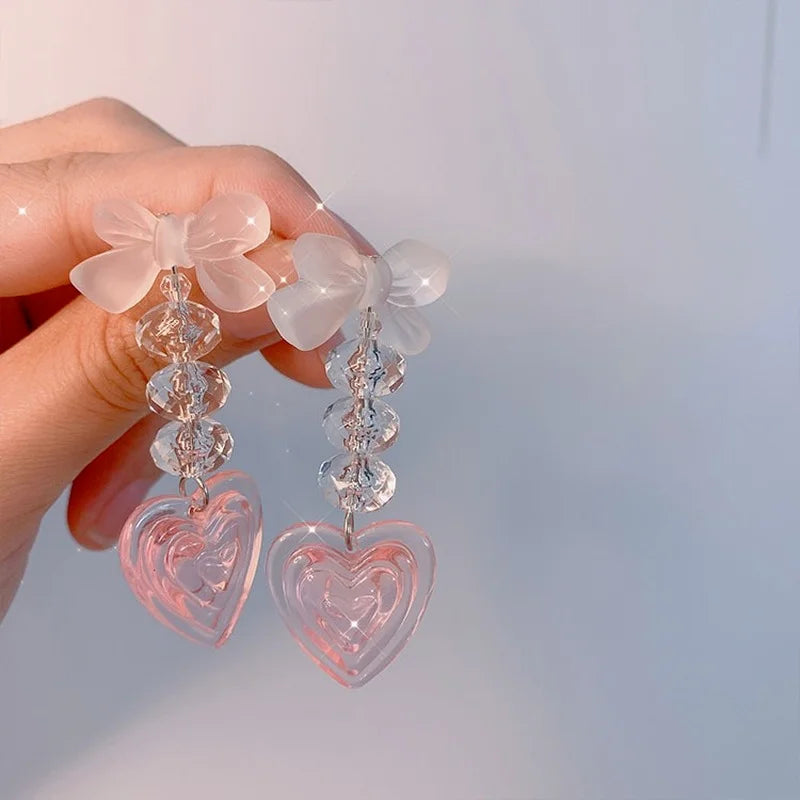 Vintage Pink Y2K Peach Heart Tassel Earrings for Women Harajuku Bowknot Korea Earrings Resin Fashion Jewelry 90s Crystal Long